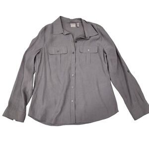 Chico's Shirt Top Women's Grey Size 1 / Medium Long Sleeve Button Down Double Po
